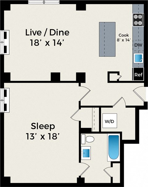 Floor plan for 1 bed, 1 bath, 891 sqft