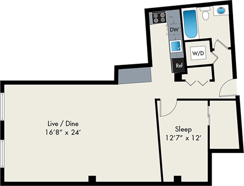 Floor plan for 1 bed, 1 bath, 933 sqft