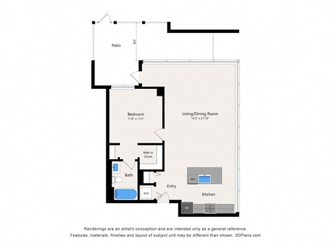 Floor plan for 1 bed, 1 bath, 770 sqft