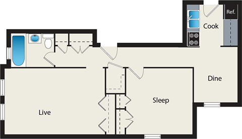 Floor plan for 1 bed, 1 bath, 1008 sqft