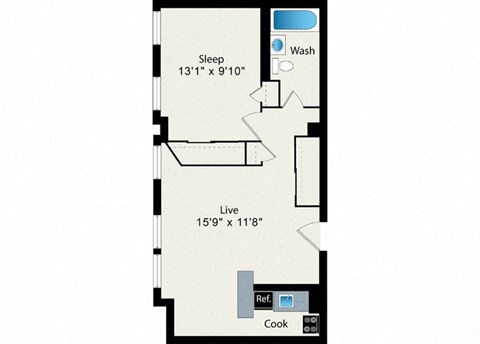 Floor plan for 1 bed, 1 bath, 571 sqft