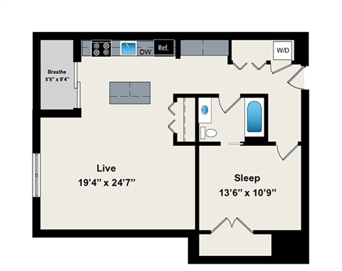 Floor plan for 1 bed, 1 bath, 877 sqft