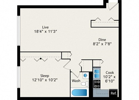 Floor plan for 1 bed, 1 bath, 680 sqft