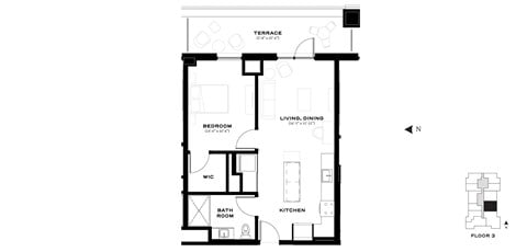 Floor plan for 1 bed, 1 bath, 691 sqft