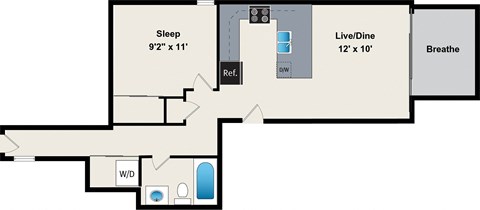 Floor plan for 1 bed, 1 bath, 710 sqft
