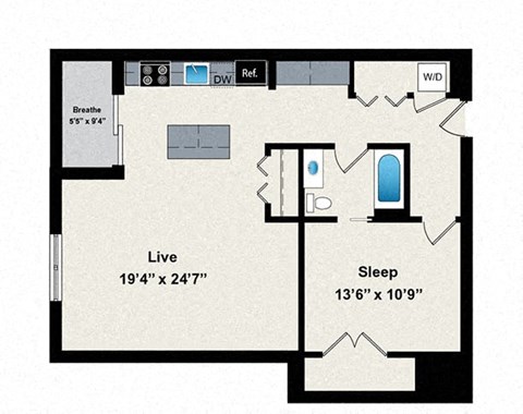 Floor plan for 1 bed, 1 bath, 877 sqft