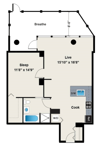 Floor plan for 1 bed, 1 bath, 822 sqft
