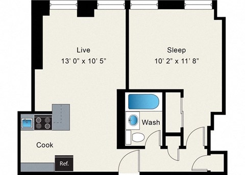 Floor plan for 1 bed, 1 bath, 603 sqft