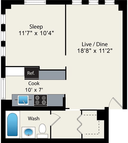 Floor plan for 1 bed, 1 bath, 567 sqft