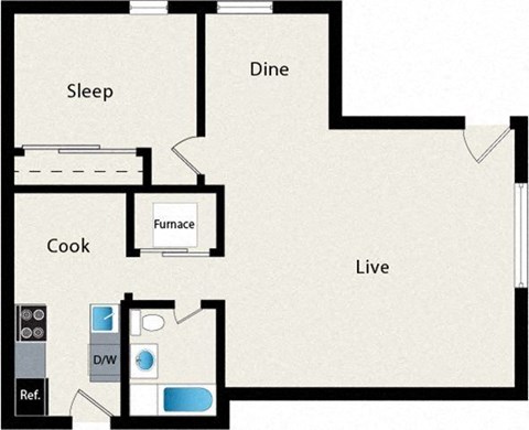 Floor plan for 1 bed, 1 bath, 1002 sqft