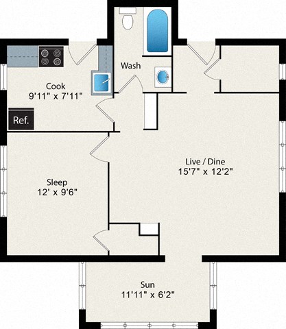 Floor plan for 1 bed, 1 bath, 643 sqft