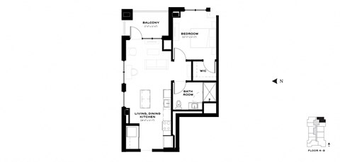 Floor plan for 1 bed, 1 bath, 721 sqft