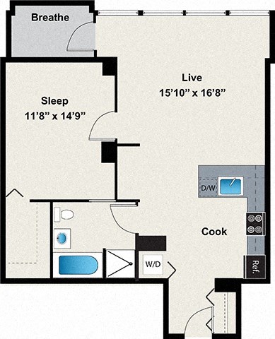 Floor plan for 1 bed, 1 bath, 822 sqft