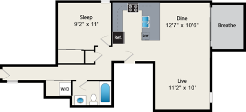 Floor plan for 1 bed, 1 bath, 850 sqft