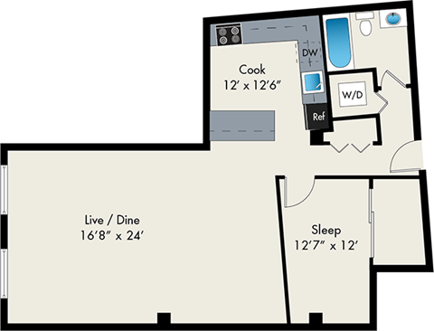 Floor plan for 1 bed, 1 bath, 998 sqft