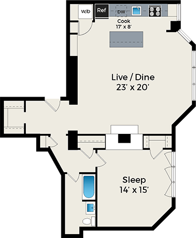 Floor plan for 1 bed, 1 bath, 1133 sqft