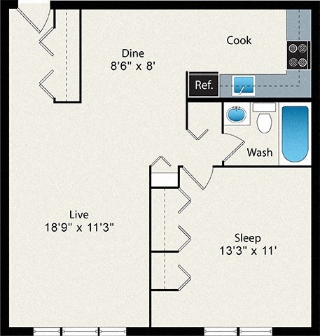 Floor plan for 1 bed, 1 bath, 721 sqft