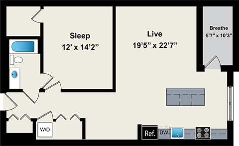 Floor plan for 1 bed, 1 bath, 885 sqft