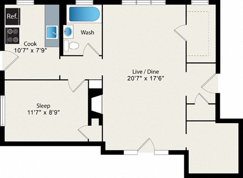 Floor plan for 1 bed, 1 bath, 656 sqft