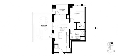 Floor plan for 1 bed, 1 bath, 721 sqft