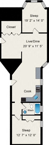 Floor plan for 2 beds, 1 bath, 1149 sqft