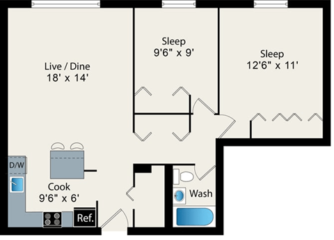 Floor plan for 2 beds, 1 bath, 805 sqft