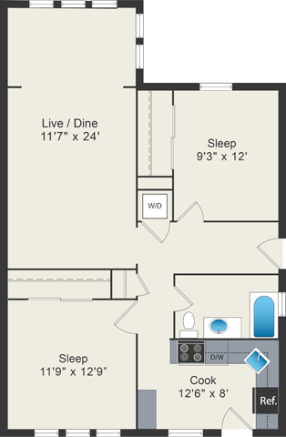 Floor plan for 2 beds, 1 bath, 979 sqft