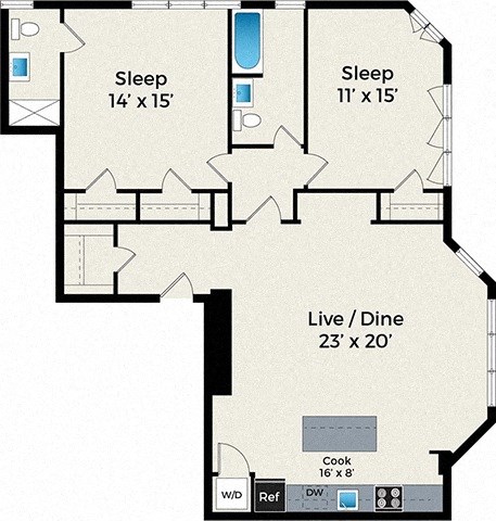 Floor plan for 2 beds, 2 baths, 1408 sqft
