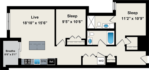 Floor plan for 2 beds, 2 baths, 940 sqft