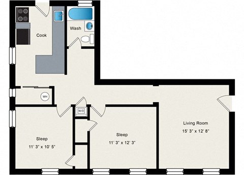 Floor plan for 2 beds, 1 bath, 930 sqft