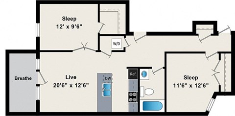 Floor plan for 2 beds, 1 bath, 890 sqft