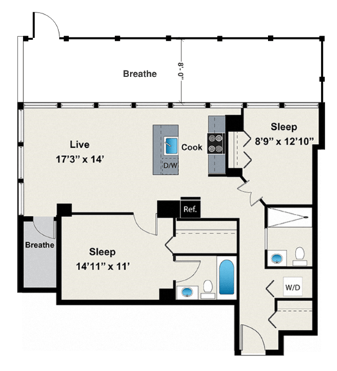 Floor plan for 2 beds, 2 baths, 979 sqft