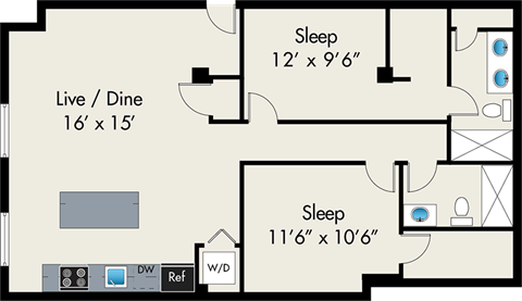 Floor plan for 2 beds, 2 baths, 1003 sqft