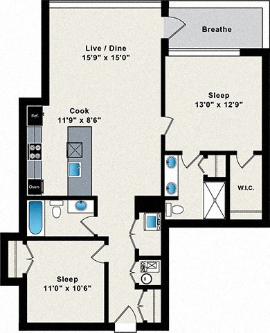 Floor plan for 2 beds, 2 baths, 1060 sqft