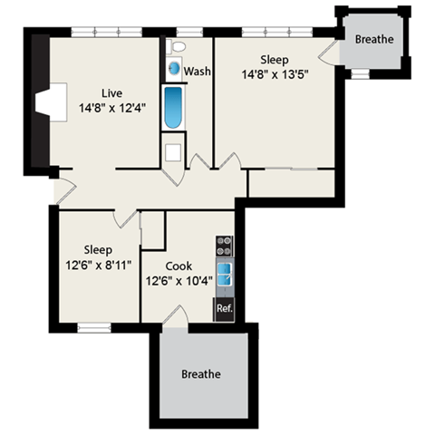 Floor plan for 2 beds, 1 bath, 858 sqft