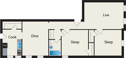Floor plan for 2 beds, 1 bath, 1123 sqft