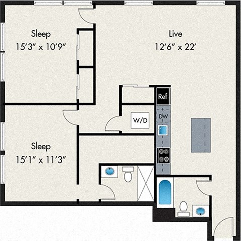 Floor plan for 2 beds, 2 baths, 1192 sqft