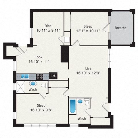 Floor plan for 2 beds, 2 baths, 1061 sqft
