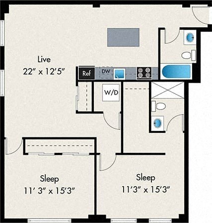 Floor plan for 2 beds, 2 baths, 1220 sqft