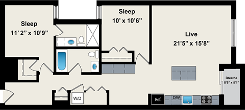 Floor plan for 2 beds, 2 baths, 1010 sqft