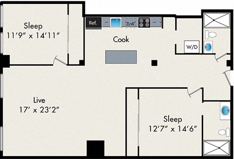 Floor plan for 2 beds, 2 baths, 1316 sqft