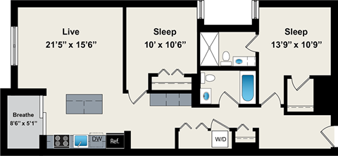 Floor plan for 2 beds, 2 baths, 1010 sqft
