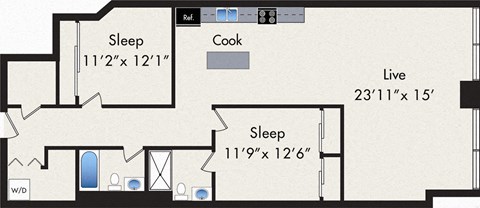 Floor plan for 2 beds, 2 baths, 1350 sqft