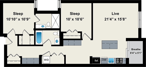 Floor plan for 2 beds, 2 baths, 1010 sqft