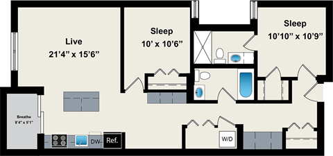 Floor plan for 2 beds, 2 baths, 1014 sqft
