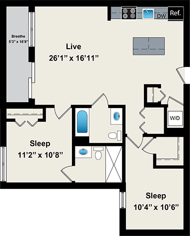Floor plan for 2 beds, 2 baths, 1015 sqft