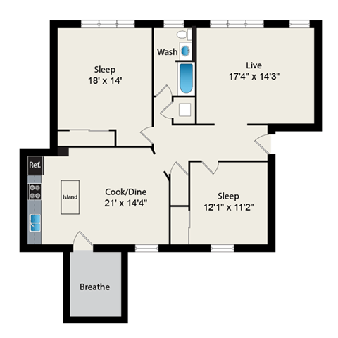Floor plan for 2 beds, 1 bath, 1248 sqft