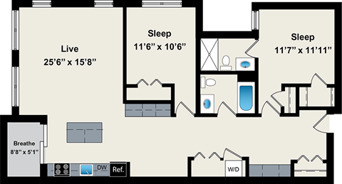 Floor plan for 2 beds, 2 baths, 1015 sqft
