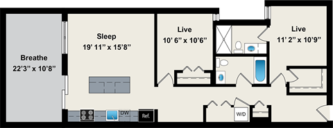 Floor plan for 2 beds, 2 baths, 1020 sqft