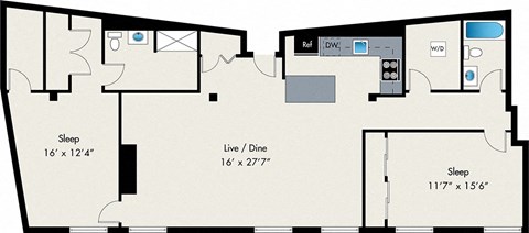 Floor plan for 2 beds, 2 baths, 1509 sqft
